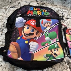 Super Mario Character Backpack and matching accessory case and star keychain.
